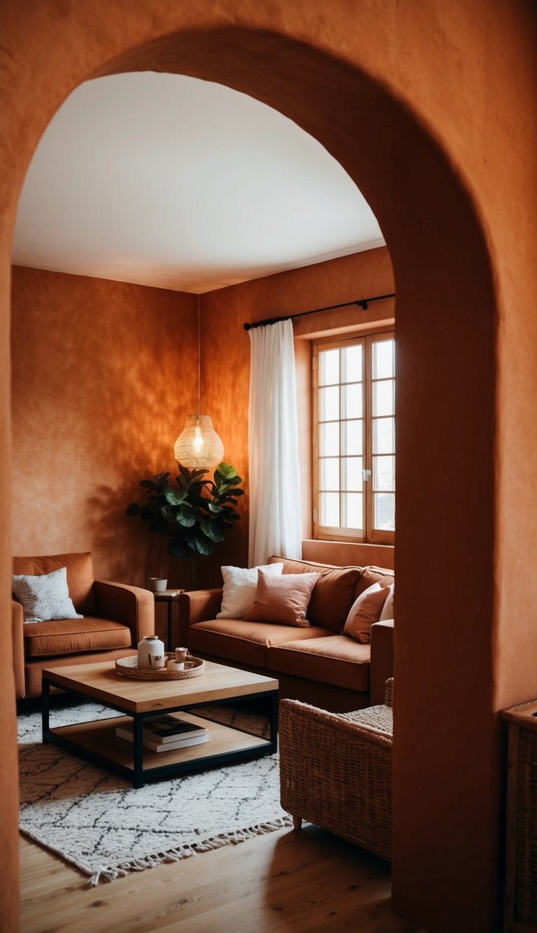 A cozy living room with terracotta walls, earthy-toned furniture, and warm lighting, creating a serene and inviting atmosphere