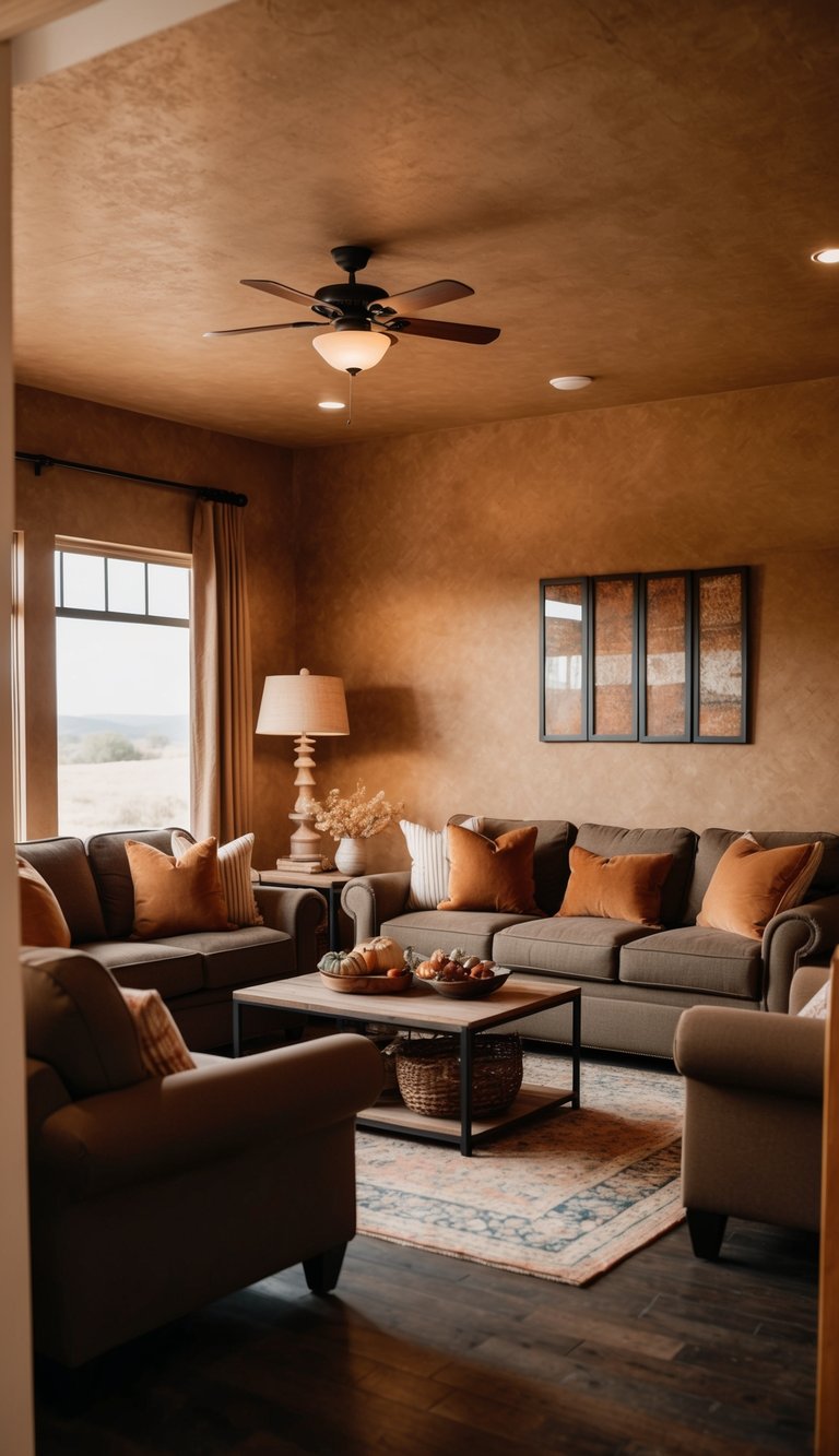 A cozy living room with earthy tones, featuring a rustic umber color palette in the decor and furnishings. Warm and inviting ambiance