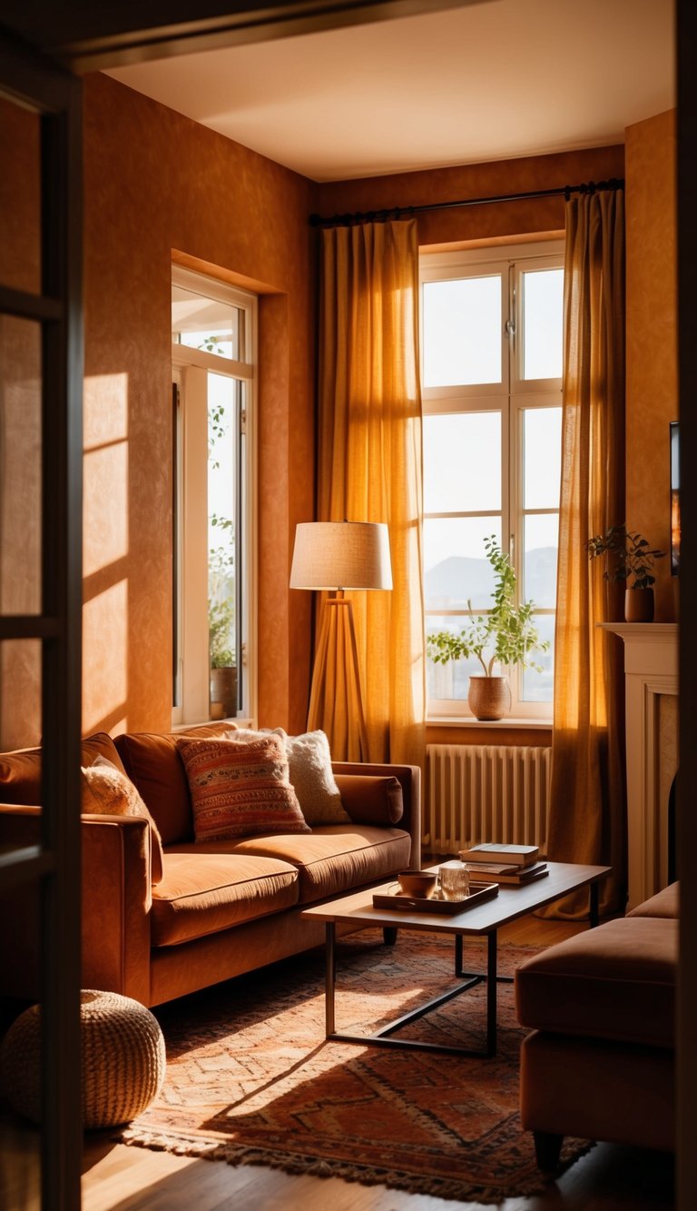 A cozy living room bathed in warm, earthy hues of sienna, gold, and terracotta, with sunlight streaming through the window, casting a soft, golden glow over the space