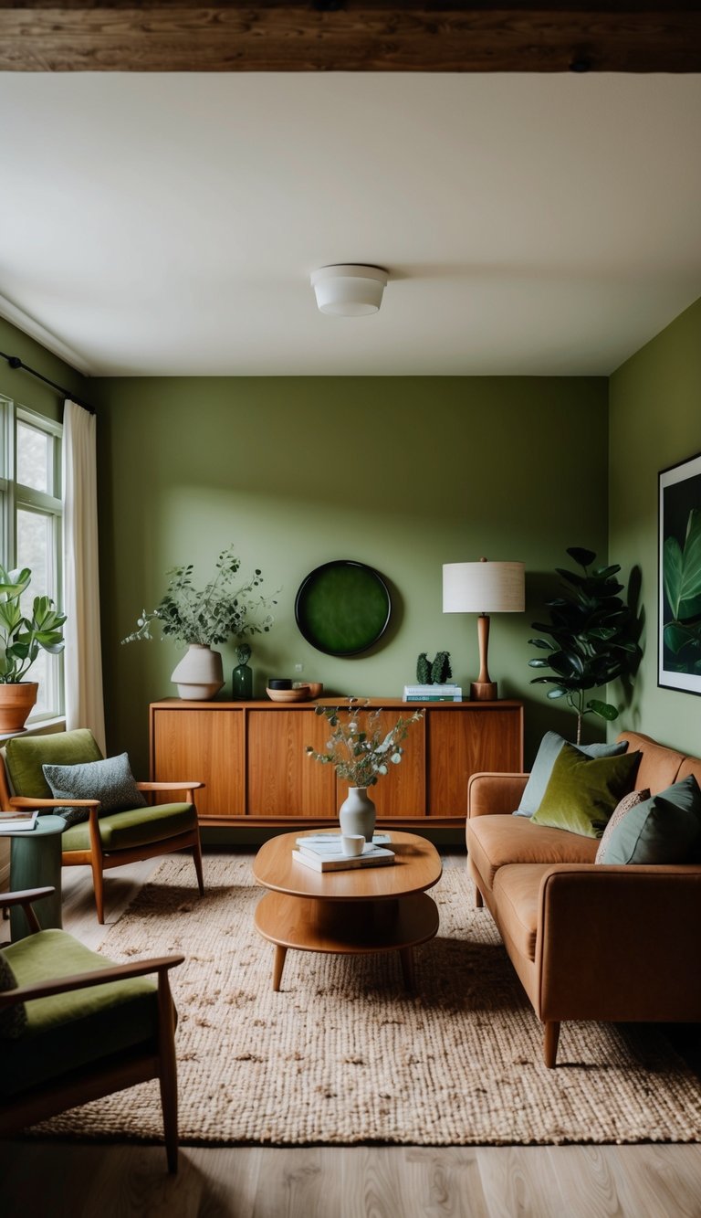 A cozy living room with earthy green walls, warm wood furniture, and accents of mossy green, olive, and sage throughout