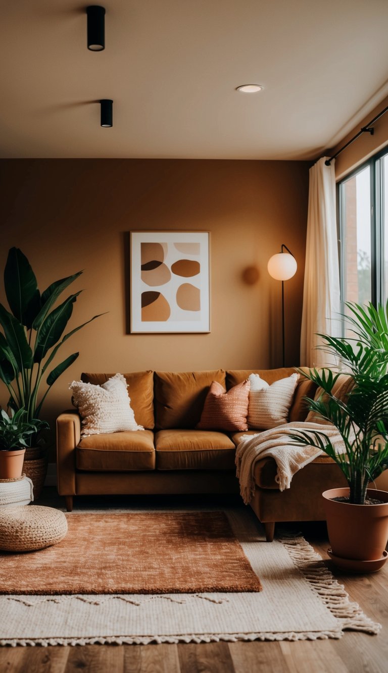 A cozy living room with warm earthy tones, featuring a comfortable sofa, soft throw pillows, and a warm rug, surrounded by natural light and potted plants