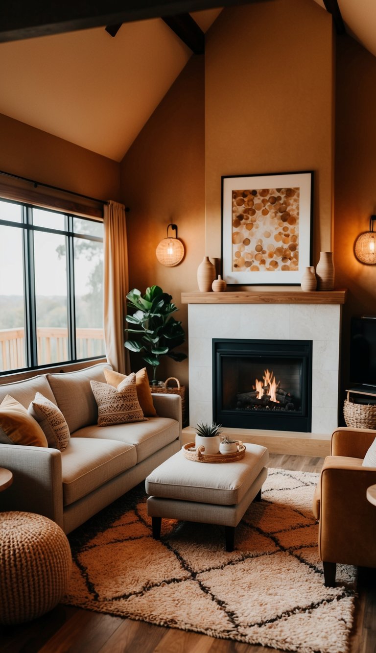 A cozy living room with warm earthy tones, featuring a comfortable sofa, a plush rug, and a fireplace surrounded by natural elements and warm lighting