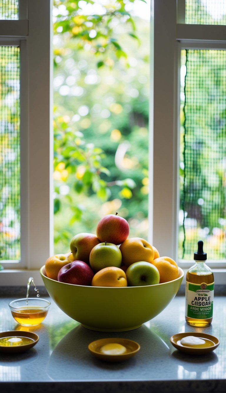 A bowl of ripe fruit sits on the kitchen counter, surrounded by small dishes of apple cider vinegar and a few drops of dish soap. Mesh screens cover the open windows, allowing fresh air in while keeping fruit flies out