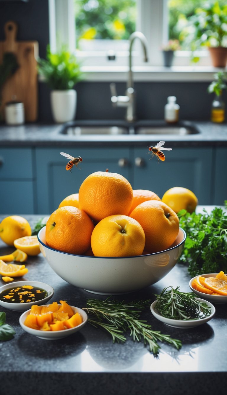 A bowl of ripe fruit sits on the kitchen counter, surrounded by fresh herbs, citrus peels, and vinegar in small dishes. A few fruit flies hover nearby, but are deterred by the strong scents