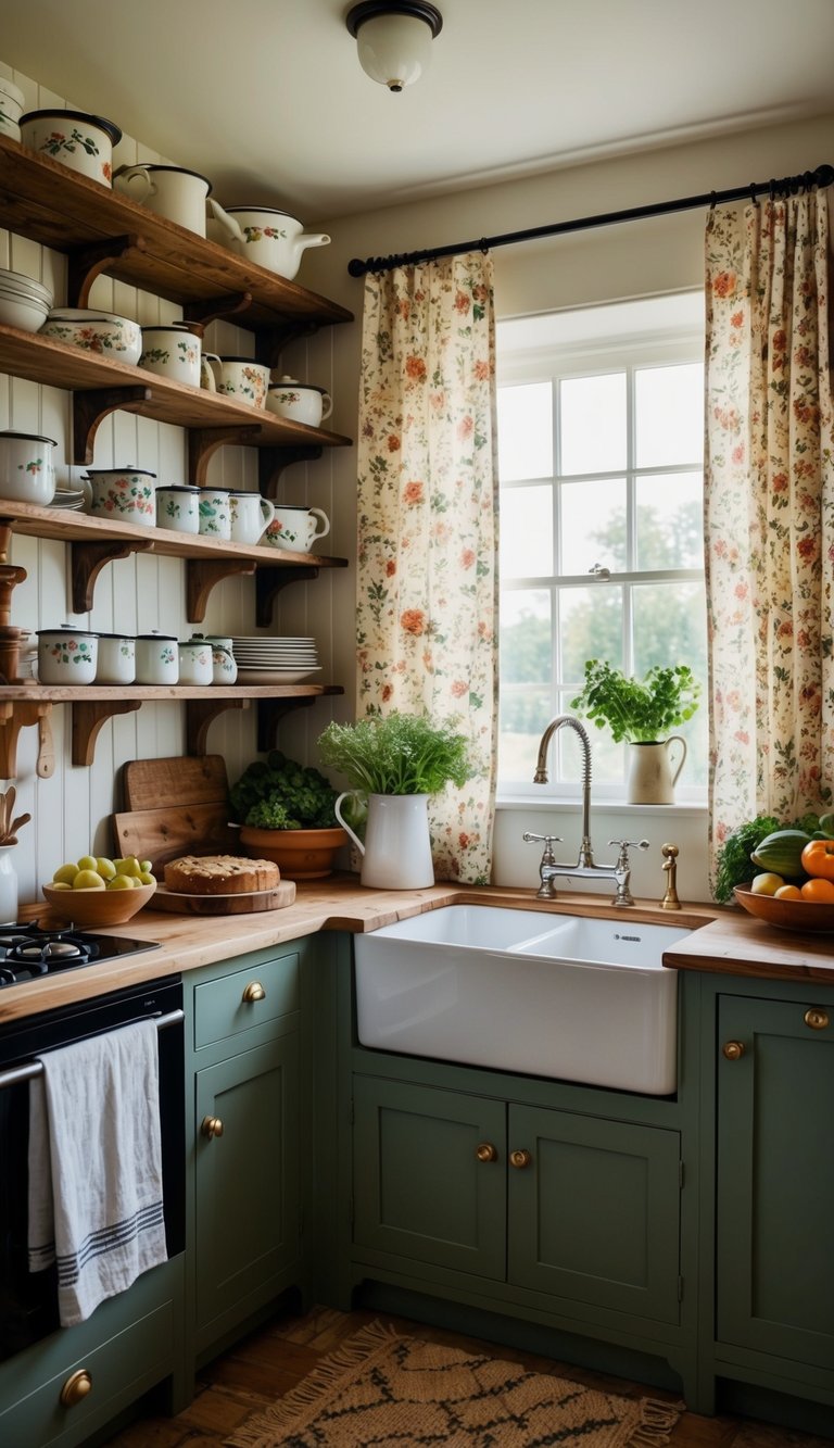 A cozy cottage kitchen with rustic wooden shelves, vintage enamelware, floral patterned curtains, a farmhouse sink, and an assortment of fresh produce and baked goods