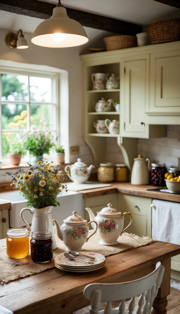 A cozy cottage kitchen with a rustic wooden table, vintage floral teapots, jars of homemade preserves, and a bouquet of wildflowers