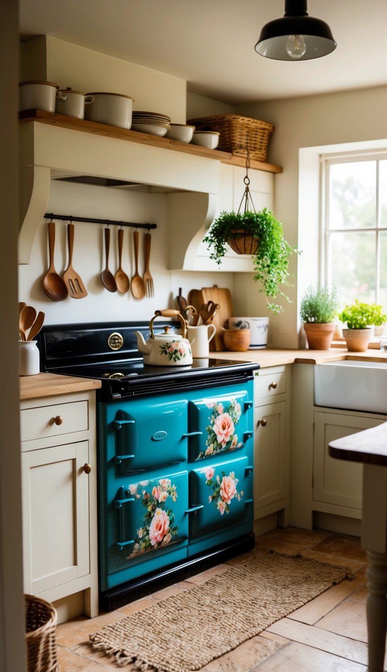 A cozy cottage kitchen with a vintage stove, floral teapot, rustic wooden utensils, and a hanging herb garden