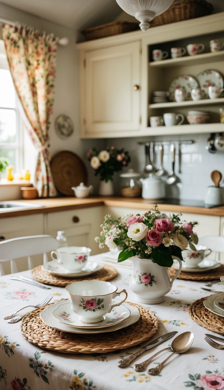 A cozy cottage kitchen with floral teacups, vintage silverware, rustic ceramic plates, woven placemats, and a floral tablecloth