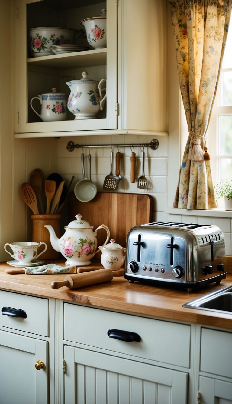 A cozy cottage kitchen with a vintage toaster, floral teapot, wooden rolling pin, and other charming cooking tools