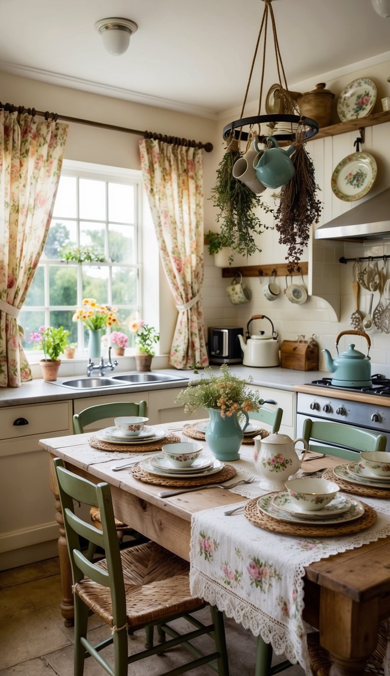 A cozy cottage kitchen with floral curtains, vintage teapots, hanging dried herbs, and a rustic wooden table set with floral-patterned dishes and lace-trimmed linens