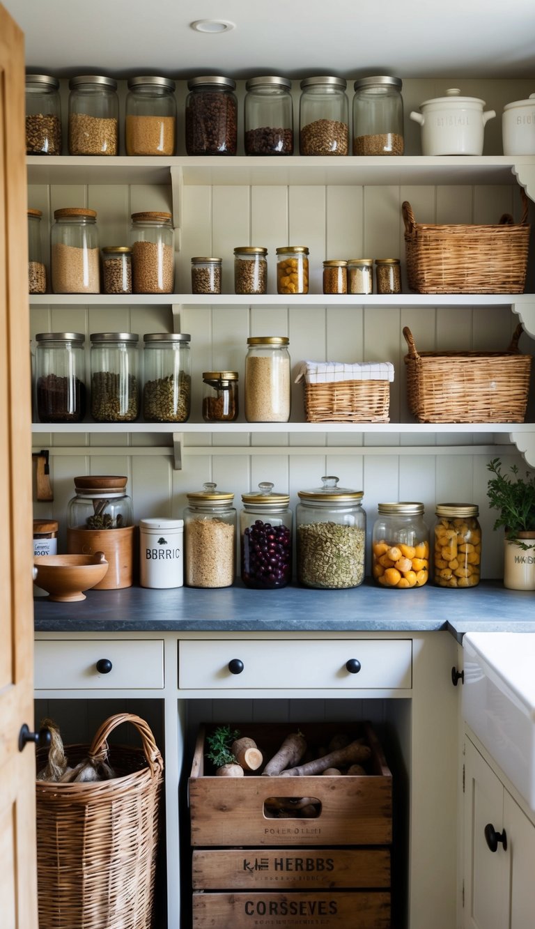 A cozy cottage kitchen with open shelving displaying jars, baskets, and vintage containers filled with dried herbs, grains, and preserves. A rustic pantry holds woven baskets, ceramic crocks, and wooden crates stocked with root vegetables and canned goods