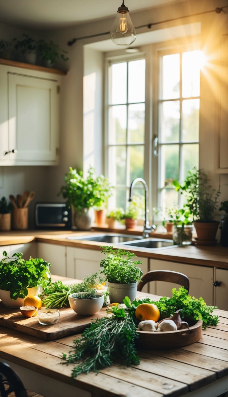 A cozy cottage kitchen with a wooden table adorned with fresh herbs, plants, and essential cooking ingredients. Sunlight streams through the window, casting a warm glow over the scene