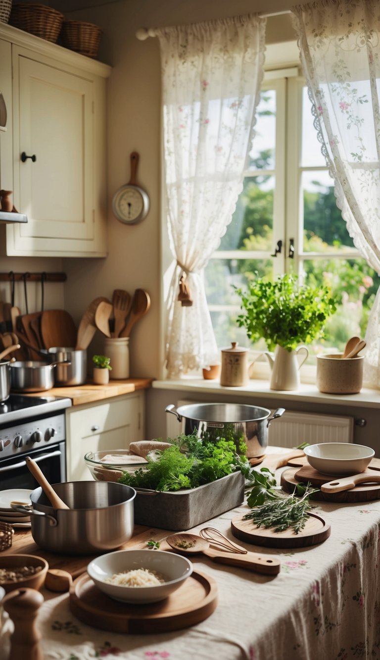 A cozy cottage kitchen filled with vintage cookware, wooden utensils, fresh herbs, and floral linens. Sunlight streams through lace curtains onto a rustic table set with baking essentials