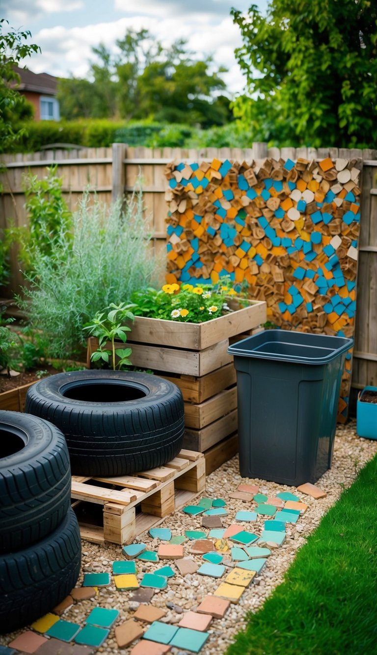 A garden with old tires repurposed as planters, a compost bin made from wooden pallets, and a colorful mosaic made from broken ceramic tiles