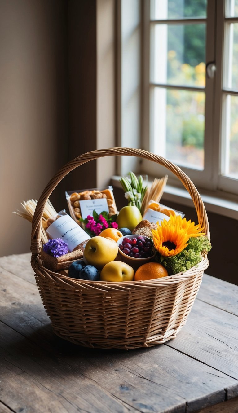 A wicker basket filled with assorted fruits, flowers, and artisanal treats sits on a rustic wooden table. Sunlight streams through a window, casting a warm glow on the scene