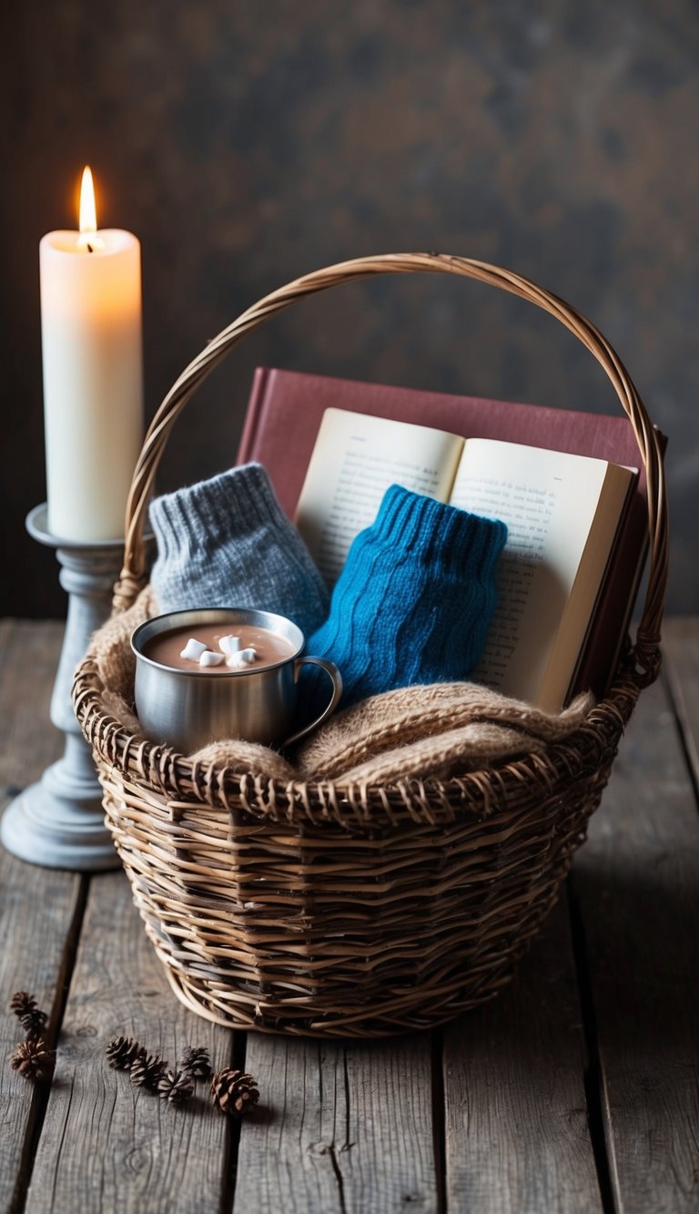 A cozy Brr Basket filled with warm socks, hot cocoa, a book, and a flickering candle on a rustic wooden table