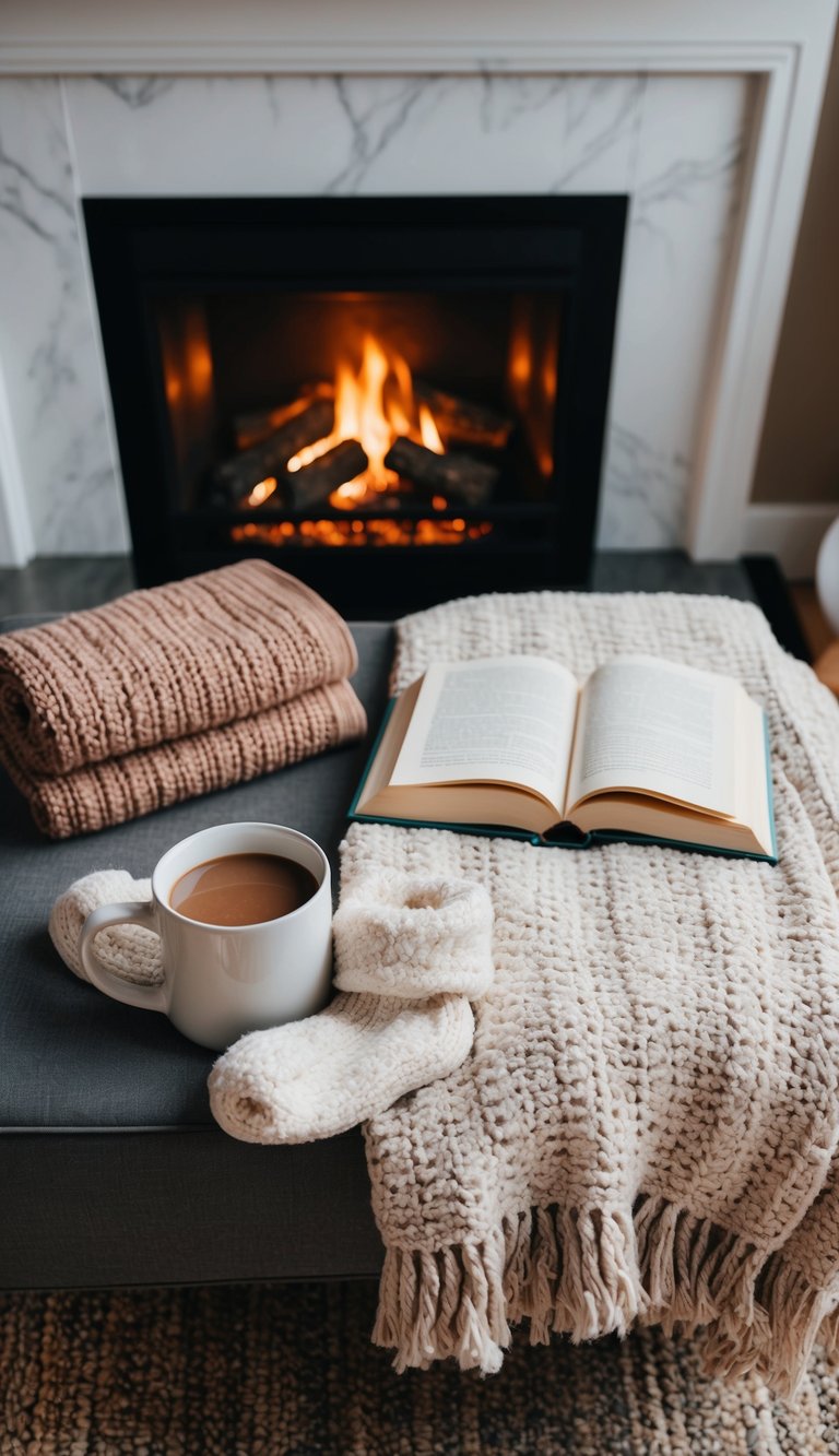 A warm blanket, hot cocoa, fuzzy socks, and a good book next to a crackling fireplace