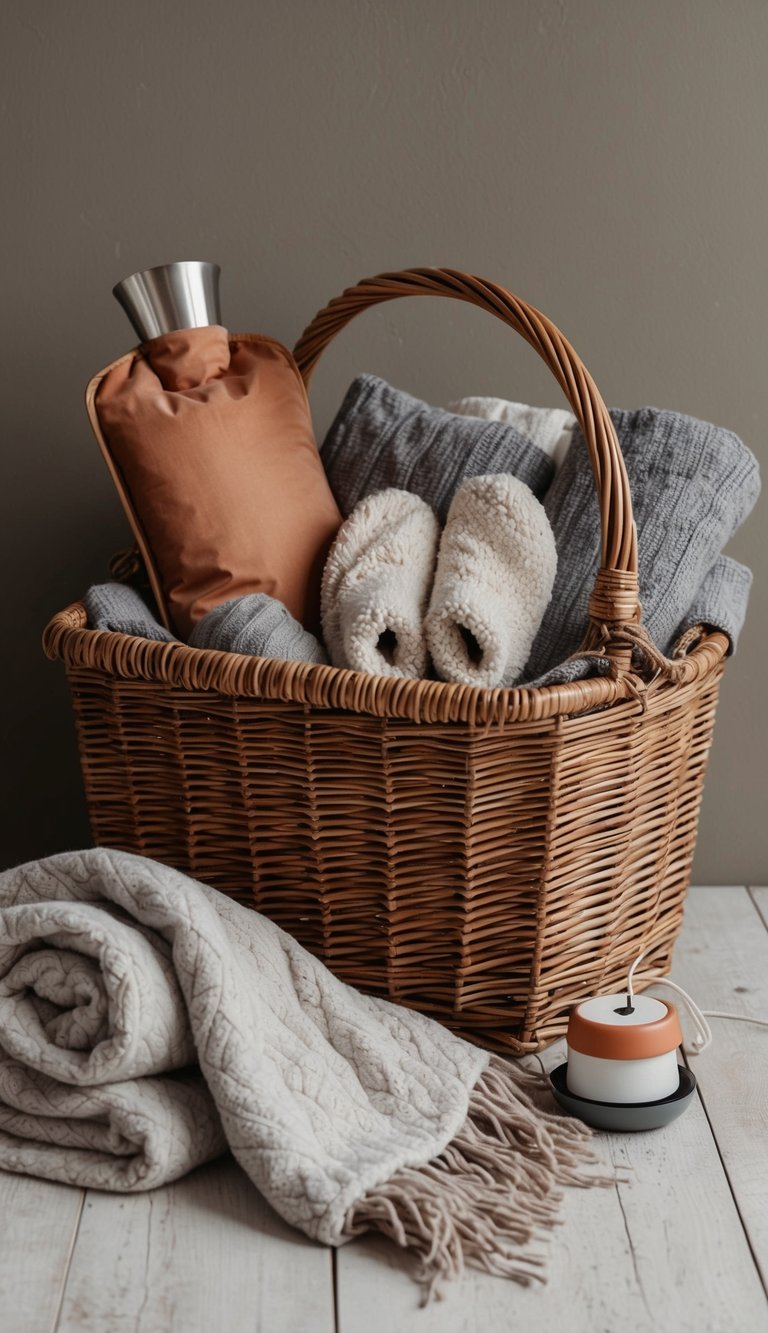 A cozy wicker basket filled with warm blankets, fuzzy socks, and a hot water bottle