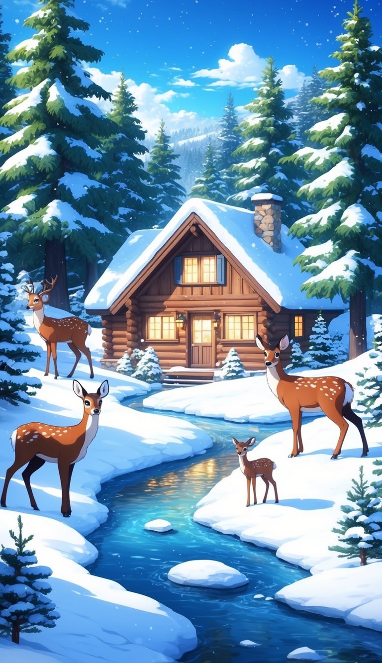 A cozy cabin nestled among snow-covered pine trees, with a winding river and a family of deer in a winter wonderland