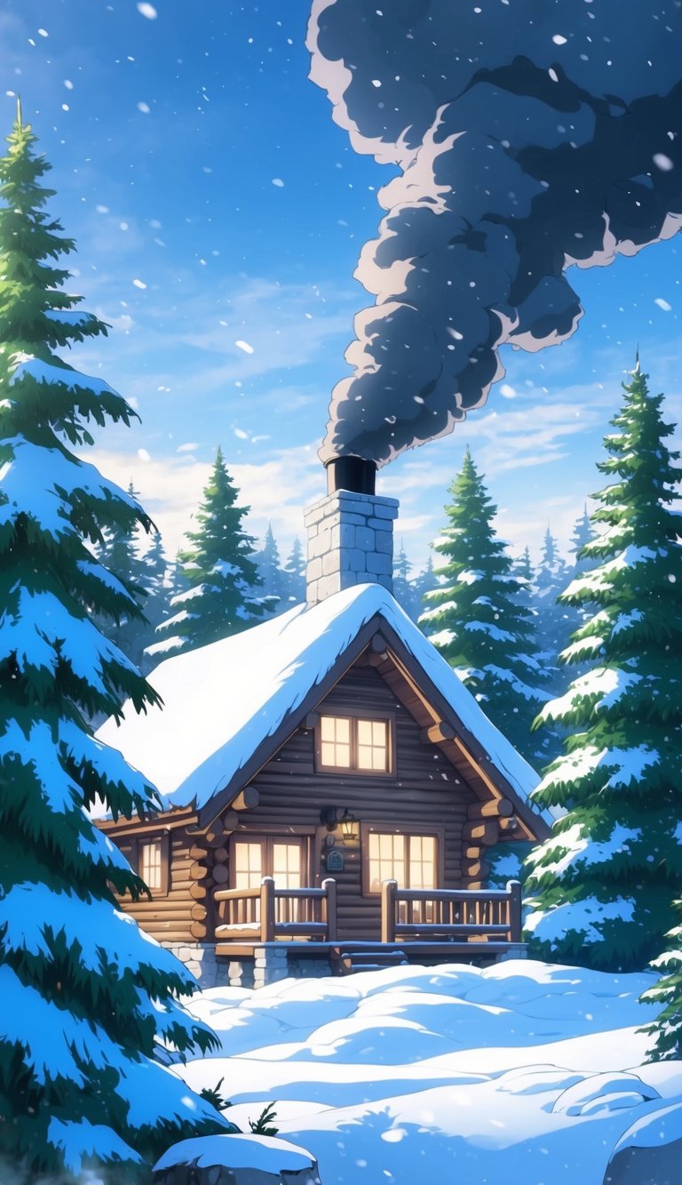 A cozy cabin nestled in a snowy forest, smoke billowing from the chimney, surrounded by pine trees and a blanket of snow