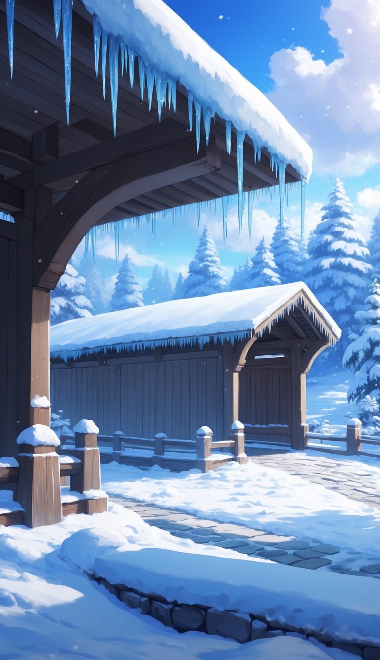 A snow-covered covered bridge with icicles hanging from the eaves, surrounded by a charming winter landscape