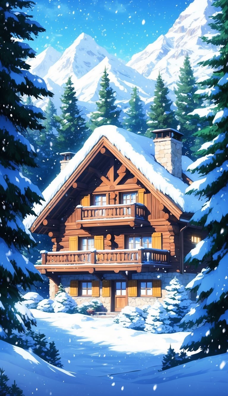 A cozy chalet nestled in a snowy Alpine landscape, surrounded by pine trees and a glistening winter wonderland