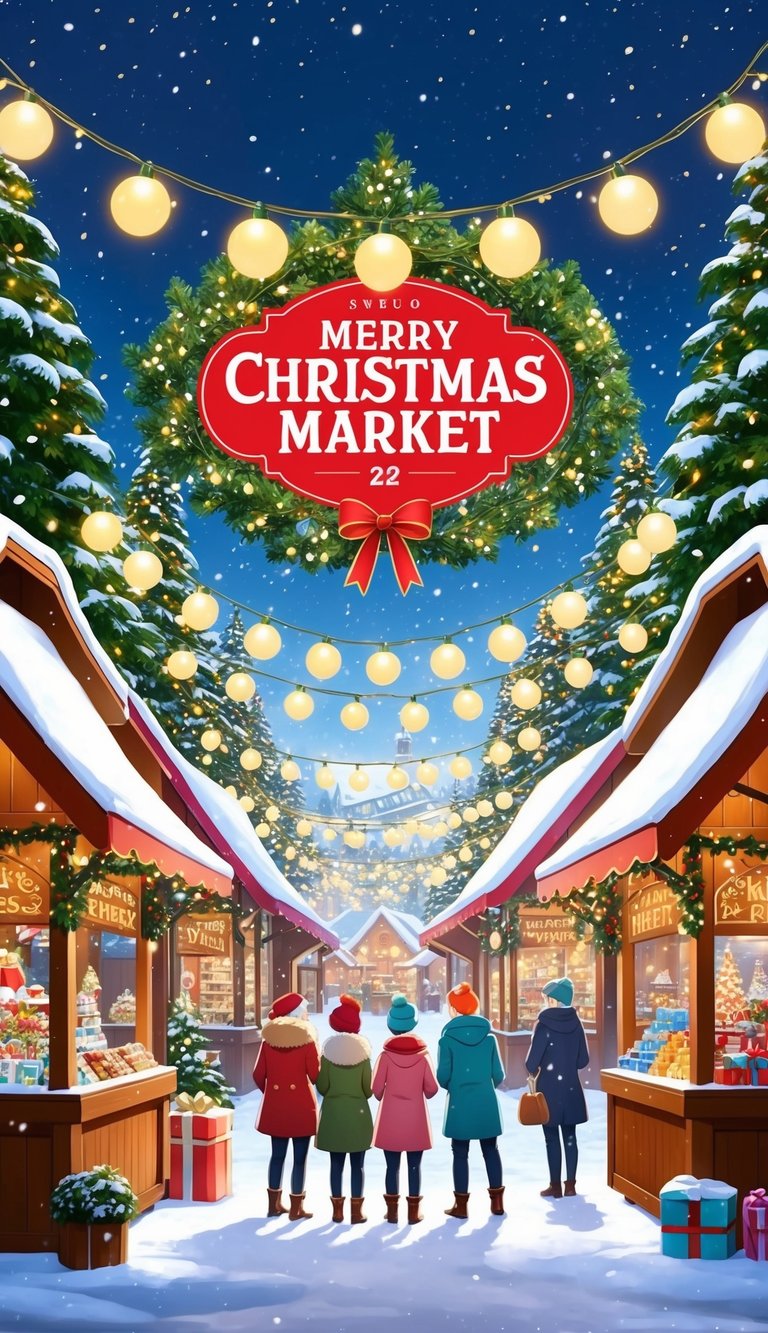 A charming Christmas market with twinkling fairy lights, adorned with 22 cute winter wonderland scenes