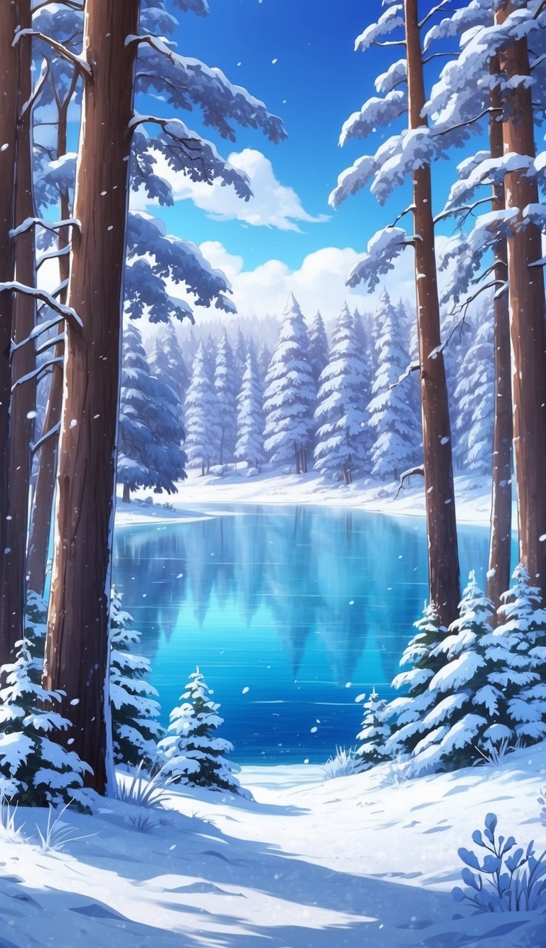 A serene frozen lake surrounded by snow-covered trees in a peaceful winter forest