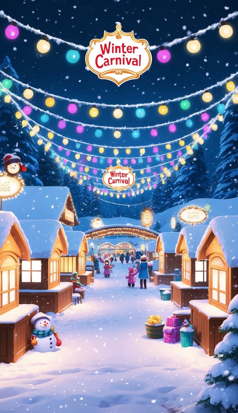 A cozy winter carnival at night with twinkling lights, a festive atmosphere, and cute snow-covered scenes