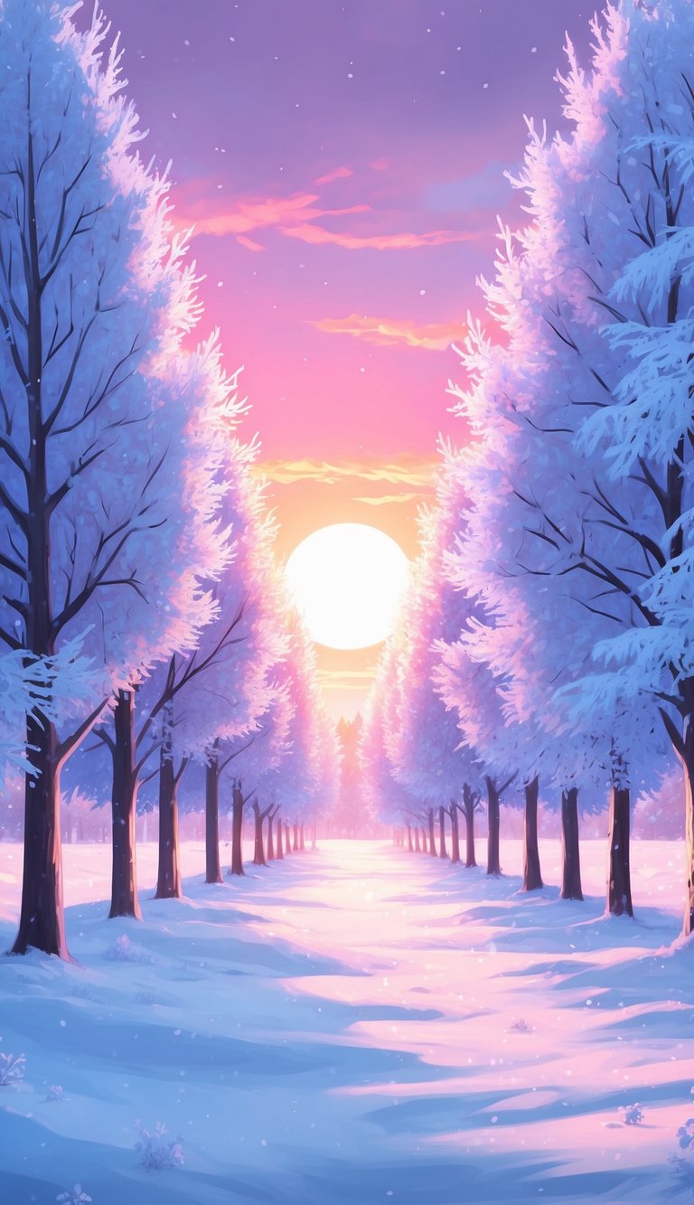 The sun rises behind a row of frost-covered trees, casting a soft pink and orange glow on the winter wonderland