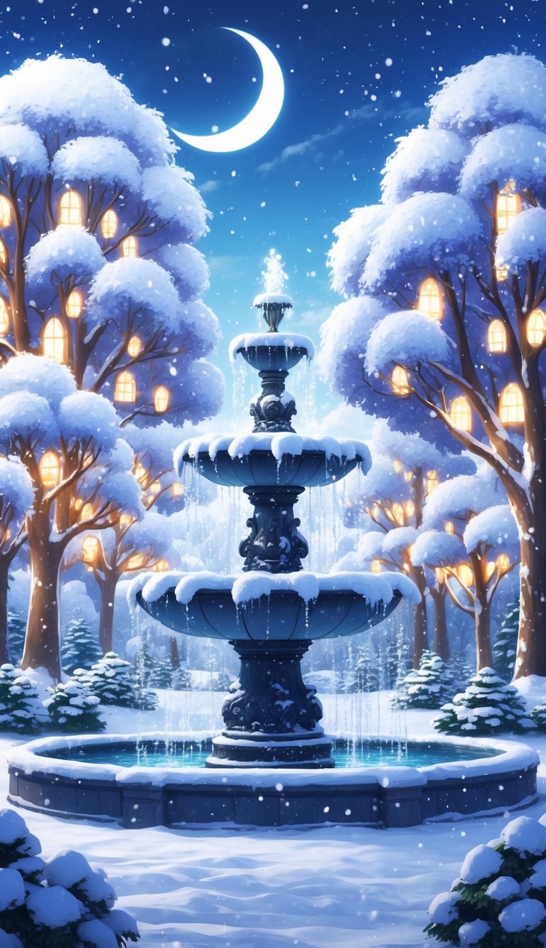 A snow-covered fountain surrounded by whimsical, glowing trees in a magical winter wonderland