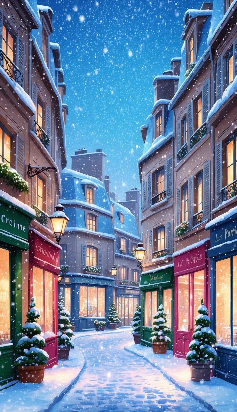 A charming Parisian street covered in a magical snowfall, with twinkling lights and cozy storefronts creating a cute winter wonderland scene