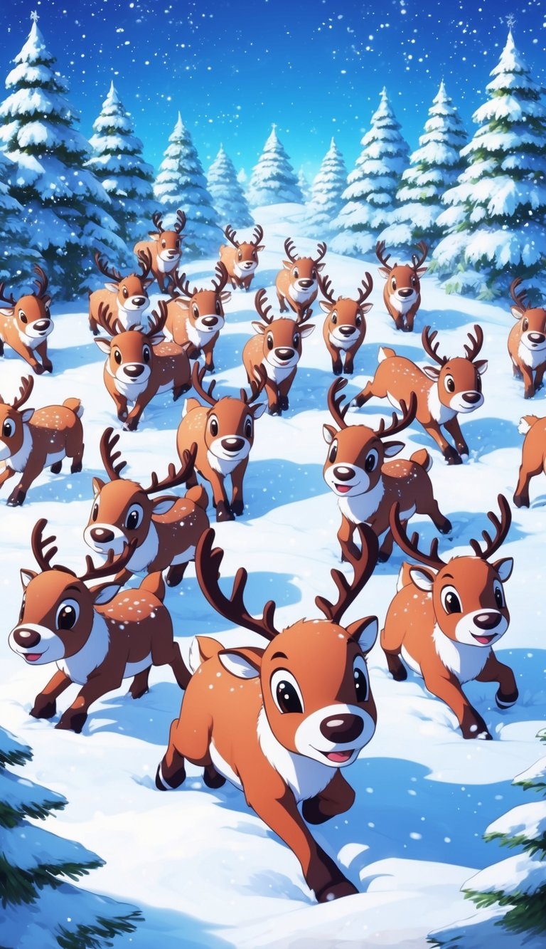 A herd of cuddly reindeer frolics in a snowy winter wonderland, surrounded by twinkling trees and a soft, powdery landscape