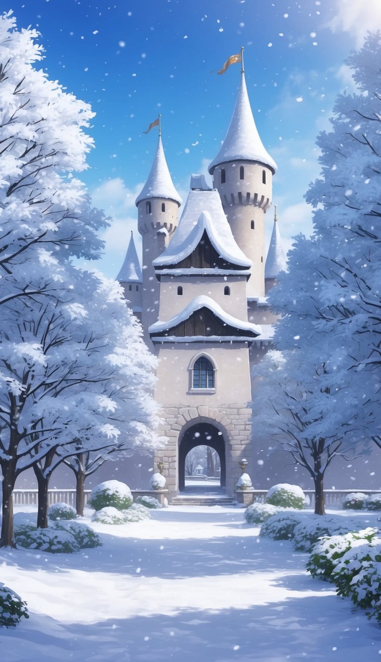 Snow covers the castle grounds, dusting the trees and pathways with a soft layer of white. The scene is peaceful and serene, with a magical winter wonderland atmosphere