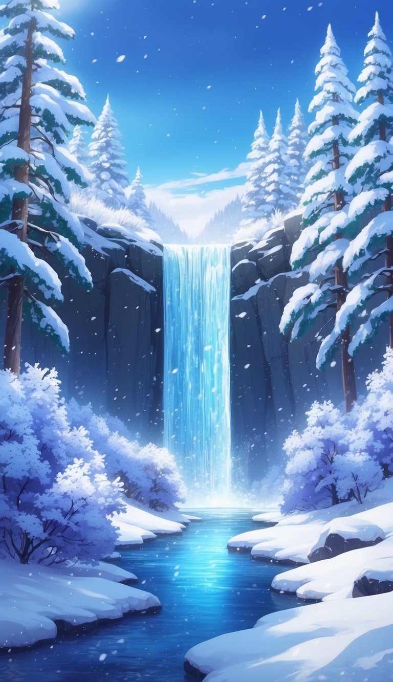 A frozen waterfall surrounded by snow-covered trees and a serene winter landscape