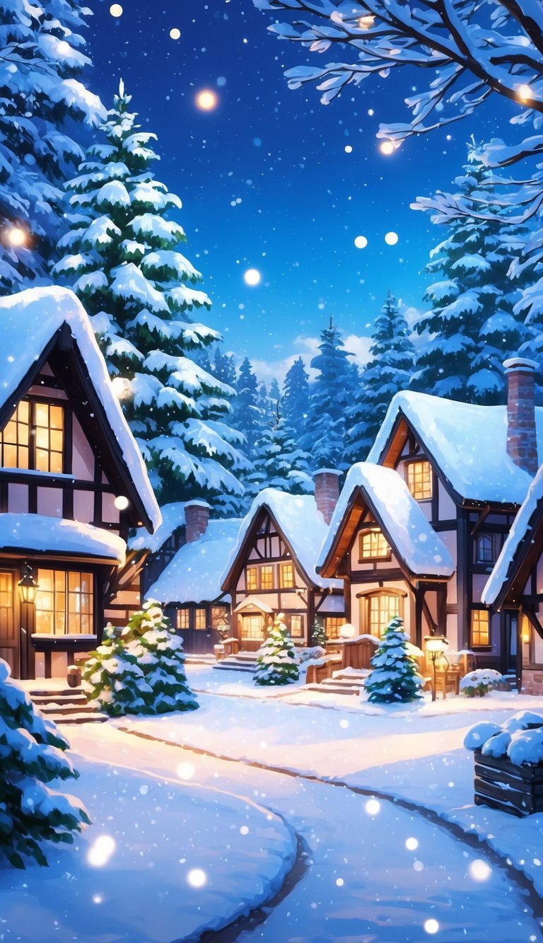 A cozy winter village with twinkling lights, snow-covered trees, and charming cottages nestled among the sparkling snow