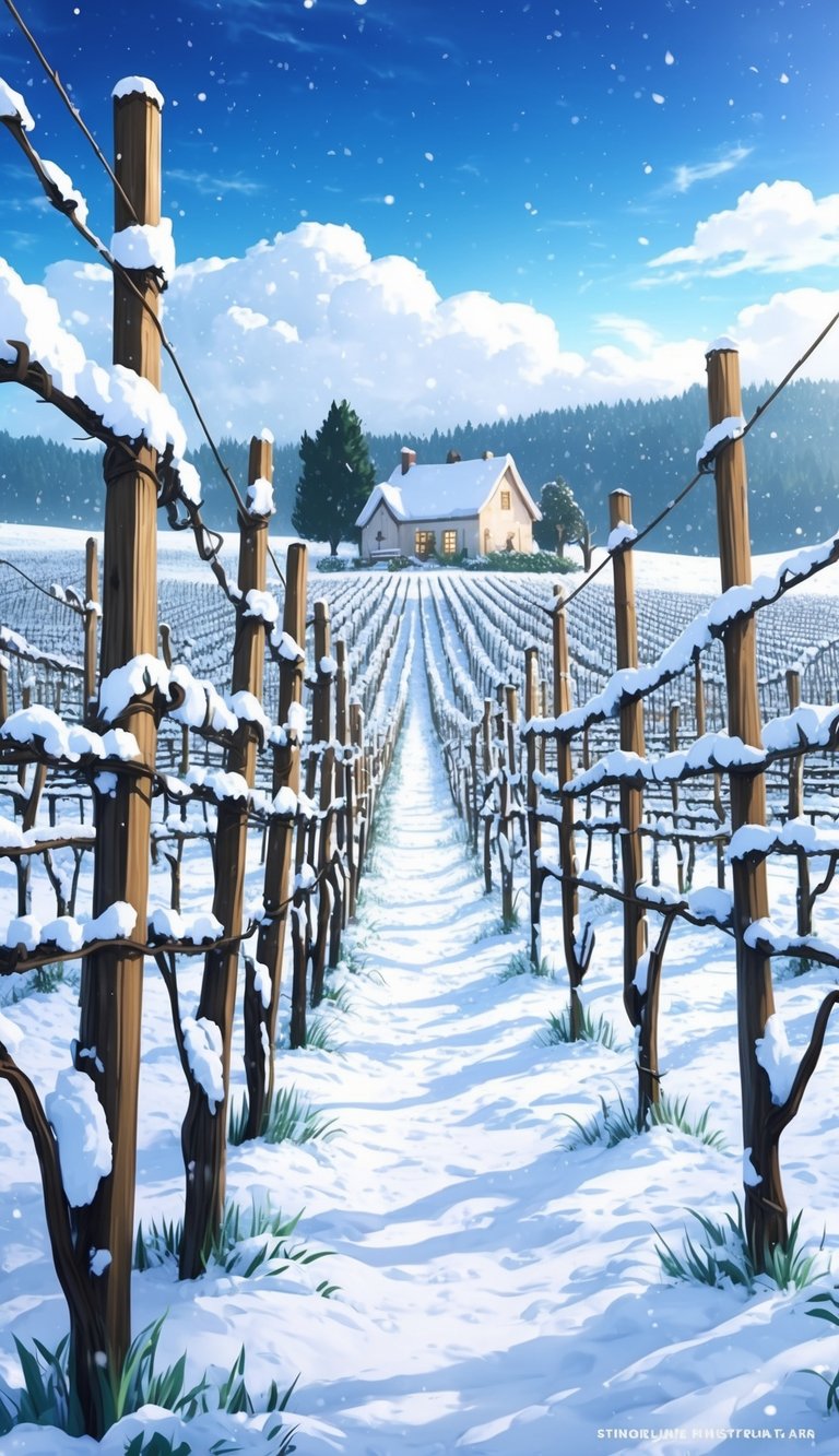 A vineyard blanketed in snow, with rows of bare vines and a quaint farmhouse in the distance, surrounded by a serene winter wonderland