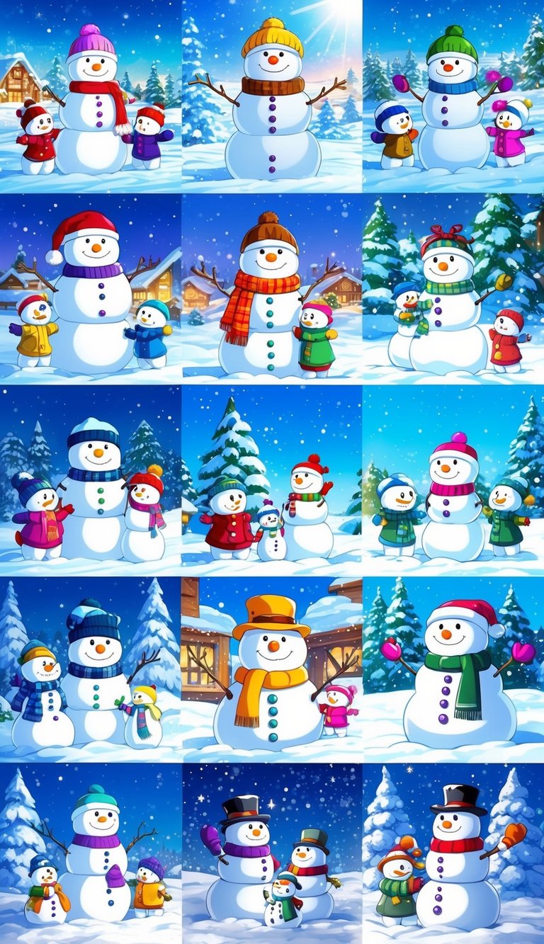 A snowman family gathers in a winter wonderland, surrounded by 22 cute scenes of snowy fun and festive activities