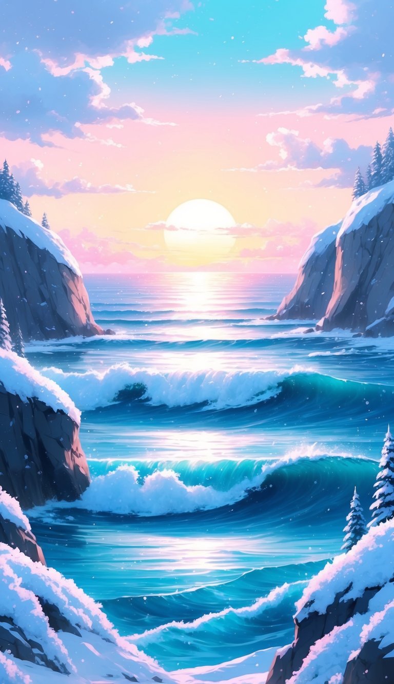 A serene winter ocean sunrise with pastel skies, snow-covered cliffs, and gently crashing waves