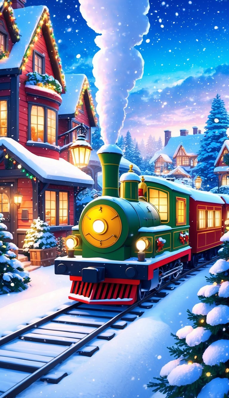 A festive holiday train chugging through a snowy winter wonderland, passing by charming scenes of cozy cottages, twinkling lights, and snow-covered trees