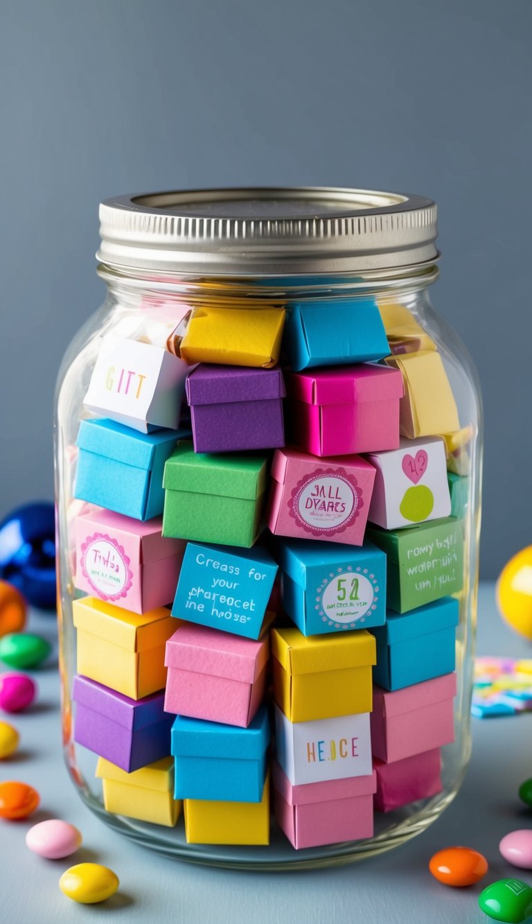 A glass jar filled with 42 small gifts, such as candies, trinkets, and notes, arranged in a colorful and playful manner