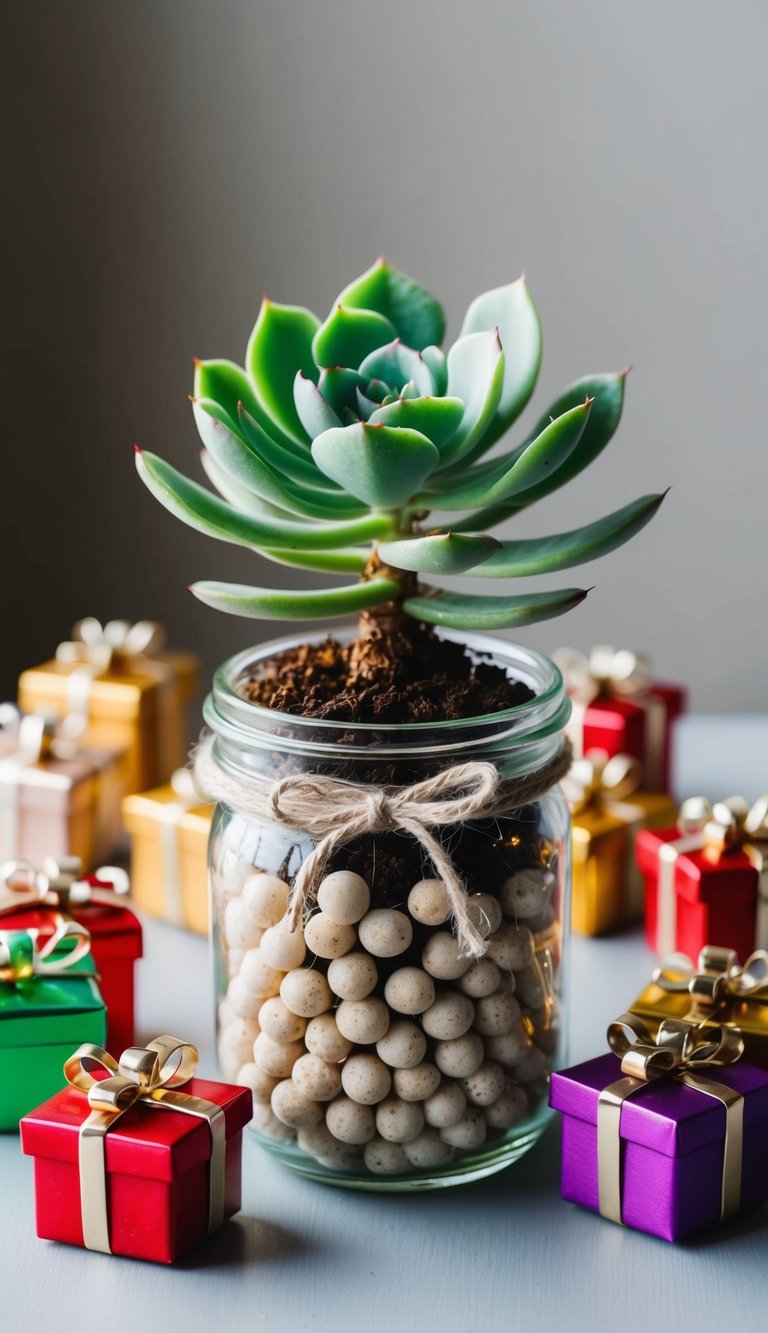 A small succulent plant surrounded by 42 tiny gifts arranged in a jar