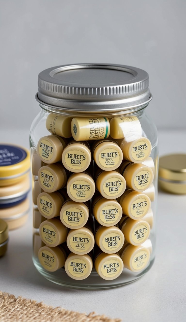 A jar filled with 42 small lip balms, such as Burt's Bees, arranged in a cute and thoughtful display