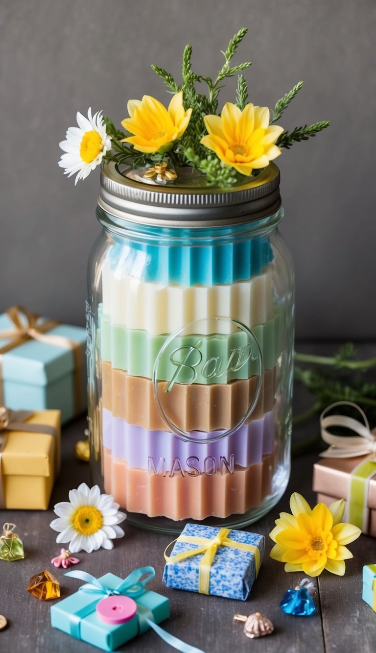 A mason jar filled with colorful, handcrafted soap bars, surrounded by small gifts like flowers, ribbons, and tiny trinkets