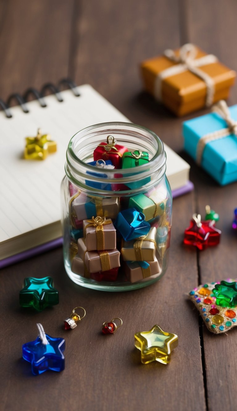 A small jar filled with tiny gifts, surrounded by a miniature notebook and colorful trinkets