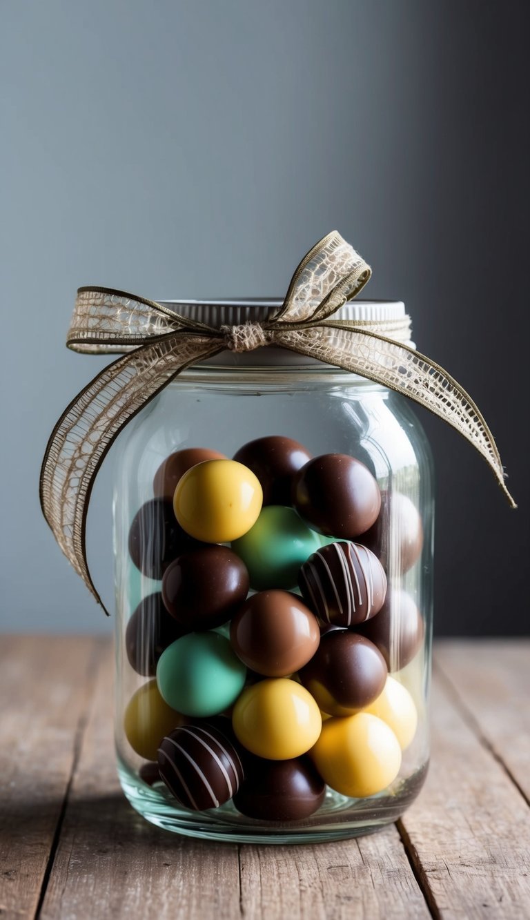 A glass jar filled with colorful gourmet chocolates, neatly arranged in layers, with a decorative ribbon tied around the lid