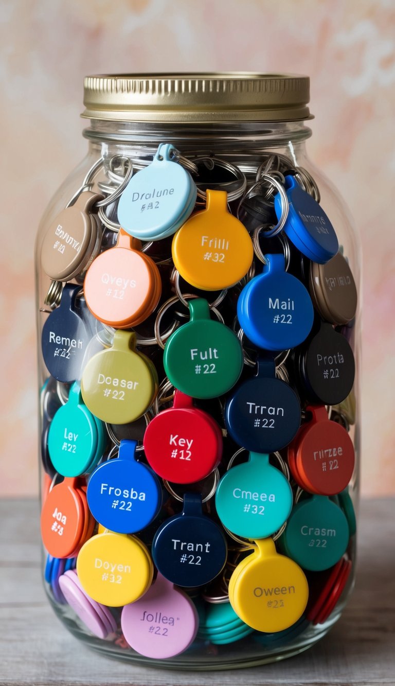 A jar filled with 42 small personalized keychains, arranged in a colorful and eye-catching display