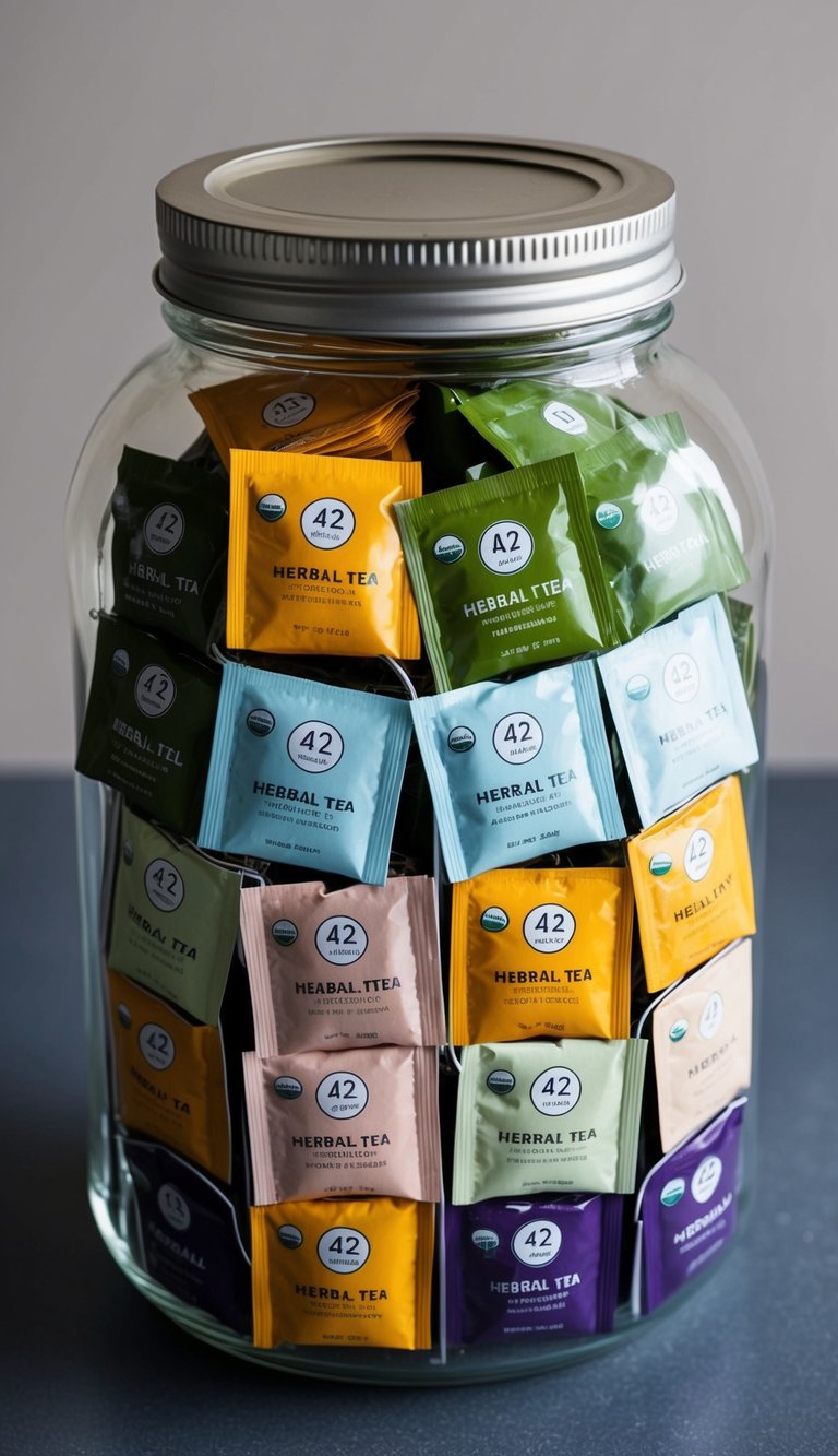 A jar filled with 42 small packets of herbal tea, arranged in a cute and thoughtful display