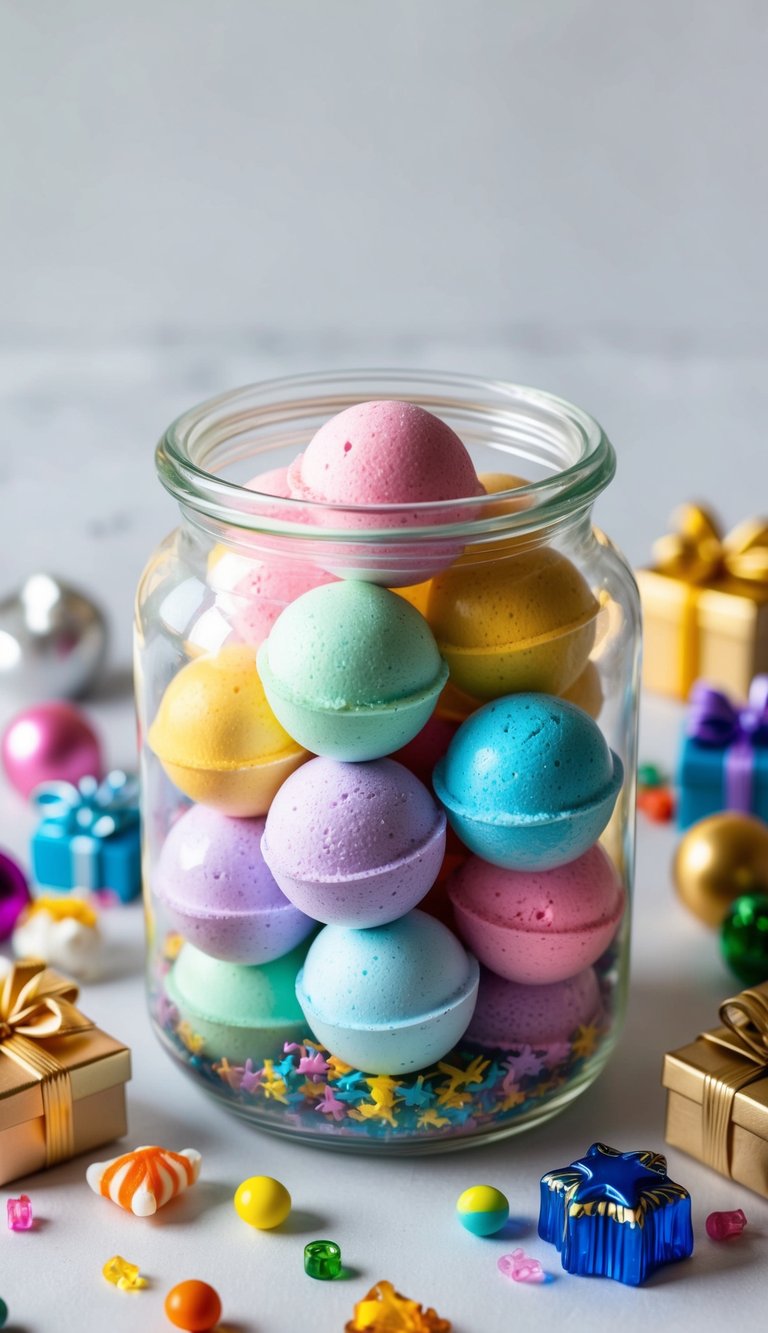 Colorful mini bath bombs filling a glass jar, surrounded by small gifts like candies, tiny toys, and trinkets