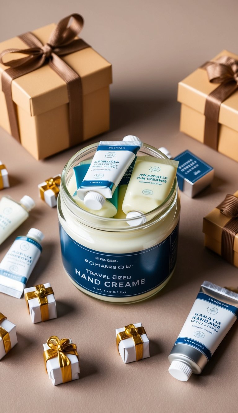 A jar filled with travel-sized hand creams surrounded by small gifts